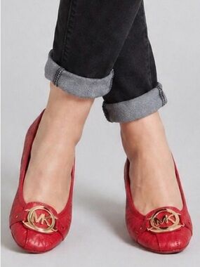Michael Kors Red Leather Ballet Flats MK Logo Size 8